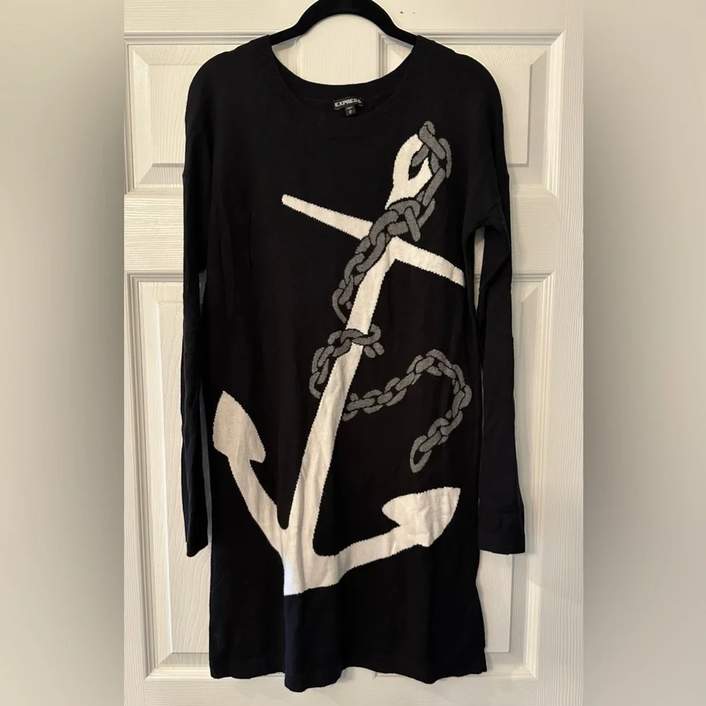 EXPRESS S Black Sweater Dress Big White Anchor Graphic R $88 - Picture 5 of 13